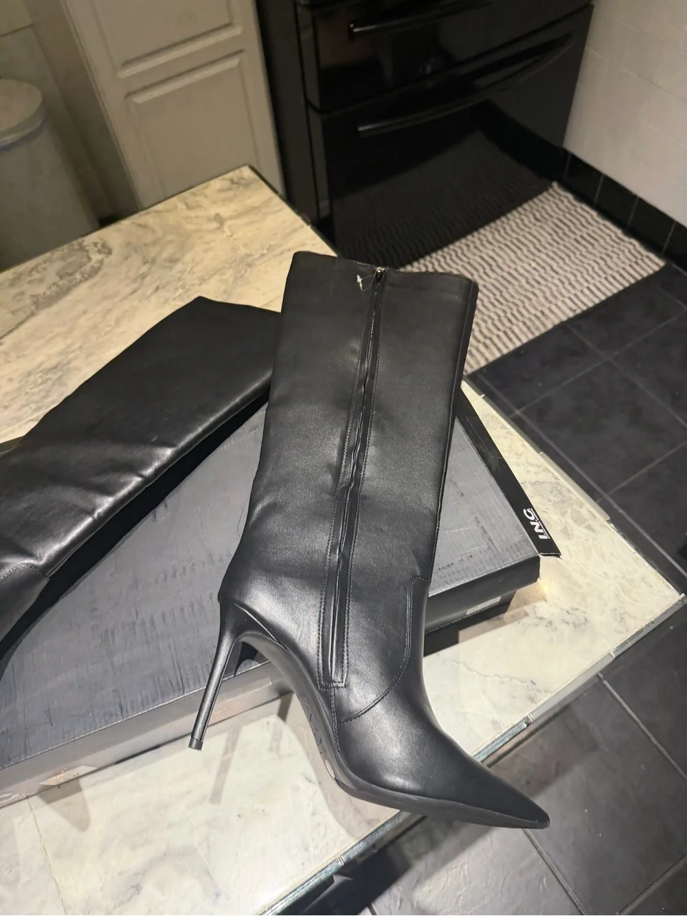 INC International Concepts Black Pointed-Toe Mid-Knee Heeled Boots